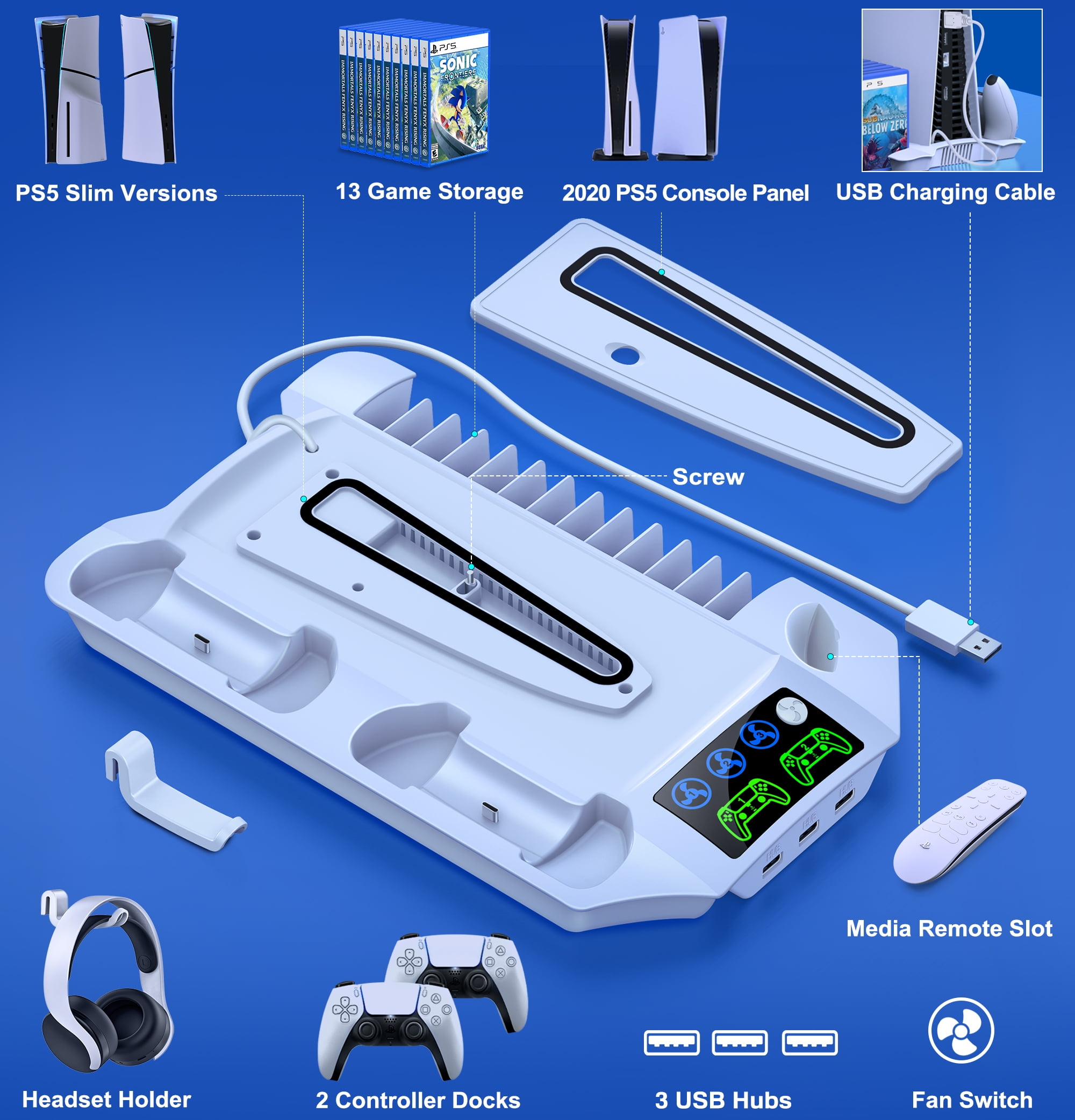 Beboncool PS5 Cooling Fan Stand with Charger Station - All-in-One PS5 Accessory for Playstation 5/PS5 Pro/PS5 Slim