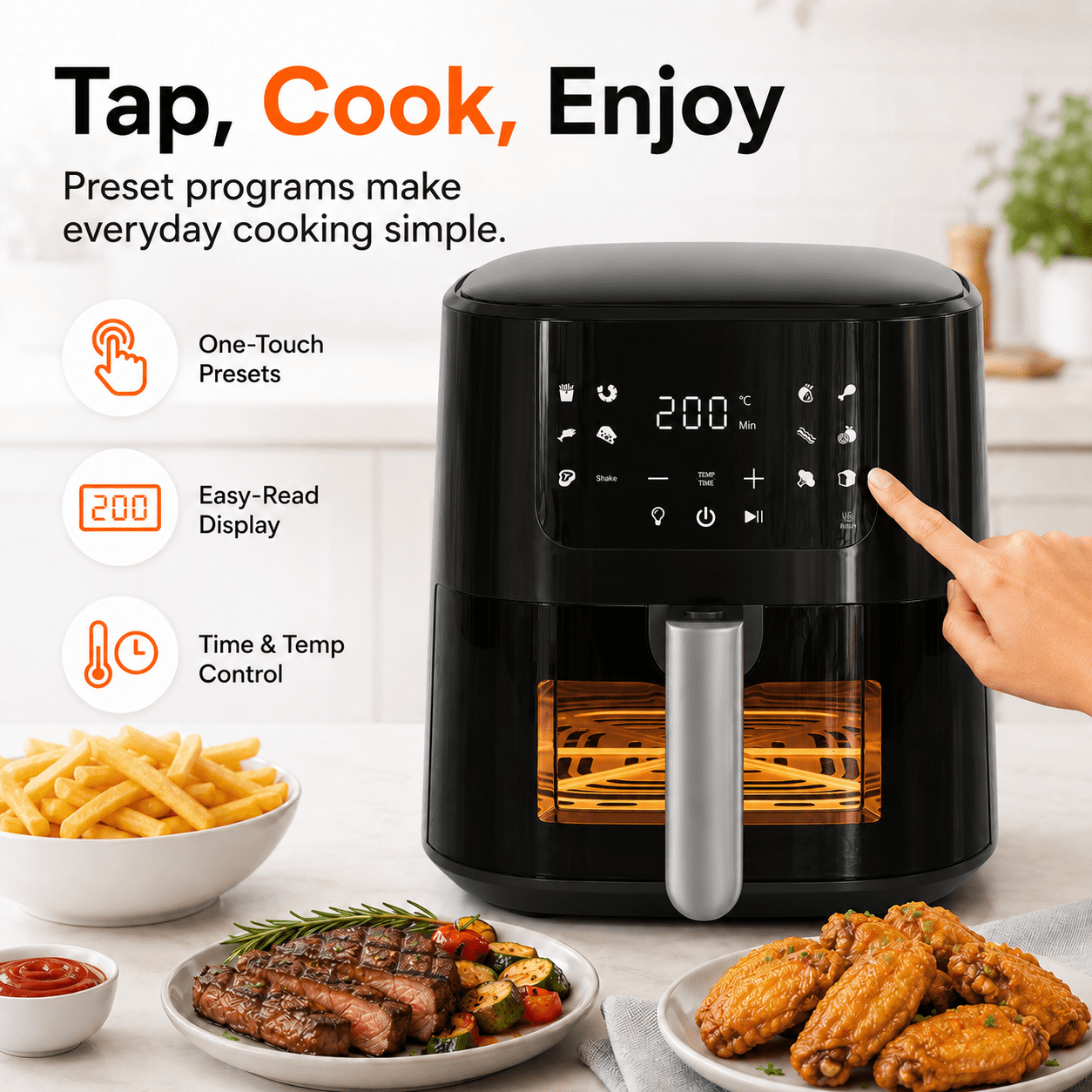 COMHOMA 5.5 QT Air Fryer, 8-in-1 Digital Countertop Air Fryer with Touchscreen, 360° Hot Air Circulation, Shake Reminder, Nonstick Dishwasher-Safe Basket