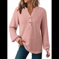 thumbnail image 3 of Blusas Tipo Suéter de Larga Informales con Cuello en V y Cuello de Gofre para Mujer Rosa L, 3 of 9