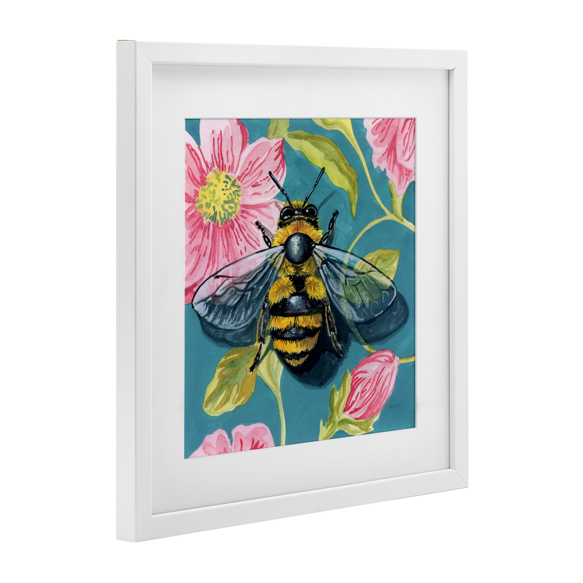 Stupell Industries Fuzzy Bee On Floral Pattern White Framed Print Under Glass, design by Kate Jarvik Birch