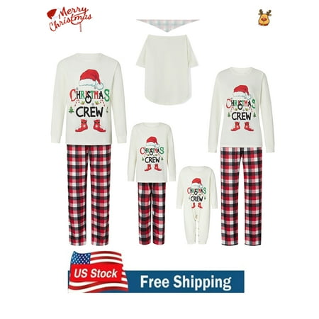 

Parent-Child Christmas Pajamas for Family Romper/ Long Sleeve Letter Print Tops and Plaid Pants Suit for Kid Dad Mom Sleepwear