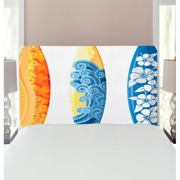 Surf Headboard, Ornate Colorful Surfboards Vocation Fun Water Sports Moving Waves Lifestyle, Upholstered Decorative Metal Bed Headboard with Memory Foam, Twin Size, Blue Orange Yellow, by Ambesonne