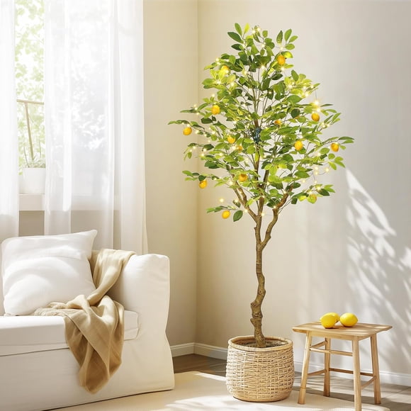 Ourlova 6FT Artificial Lemon Tree-Fake Lemon Plant with Lights-Faux Lemon Tree with Realistic Trunk and Fruits-Suitable for Indoor Home Decoration Balcony Living Room
