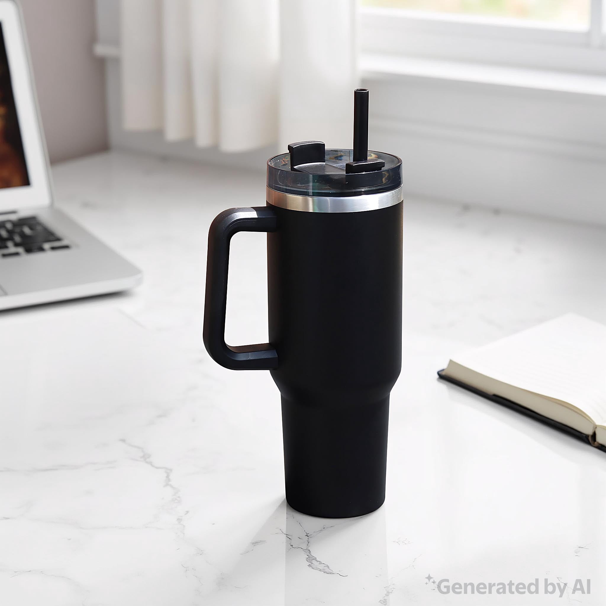 Mainstays 40 oz Stainless Steel Tumbler with Straw, Handle and Double-Wall Insulation, Black