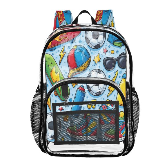 Large Clear PVC Backpack Heavy Duty See Through Backpack for Adults Work Travel, Light Blue Sport Print Printed 12L