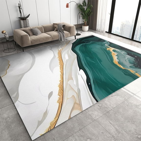 Emerald Green Marble Area Rug, White Gold Agate Texture Indoor Non-Slip Rugs, with Anti-Slip Backing Washable Indoor Carpet for Living Room Bedroom Study Dining Room 2' x 3'
