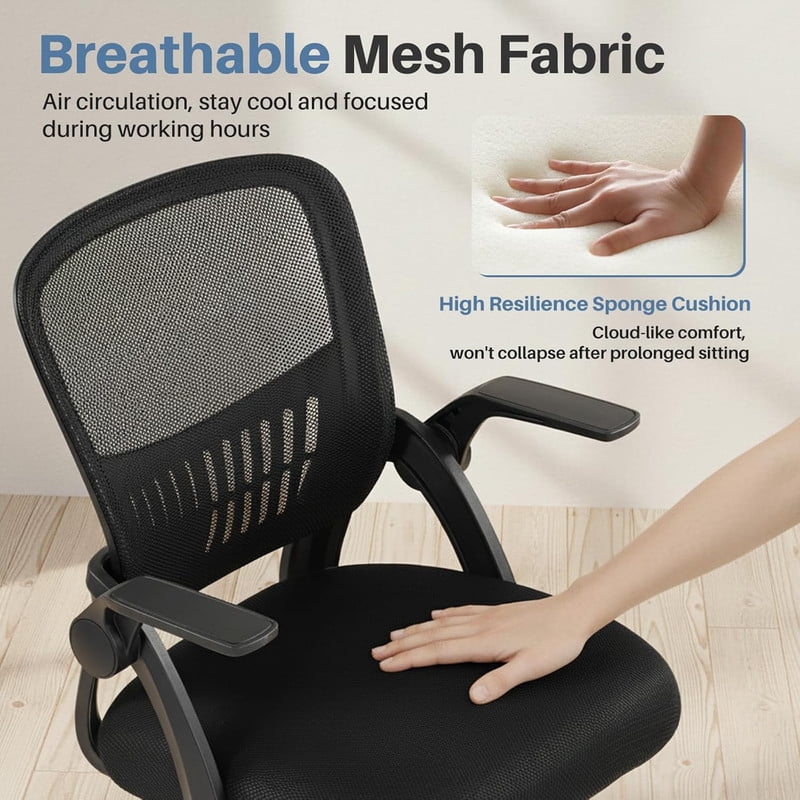 Simenmax Ergonomic Office Chair, Home Desk Computer Mesh Chair with Flip-Up Arms, Breathable Mid Back Chair for Small Spaces, Black