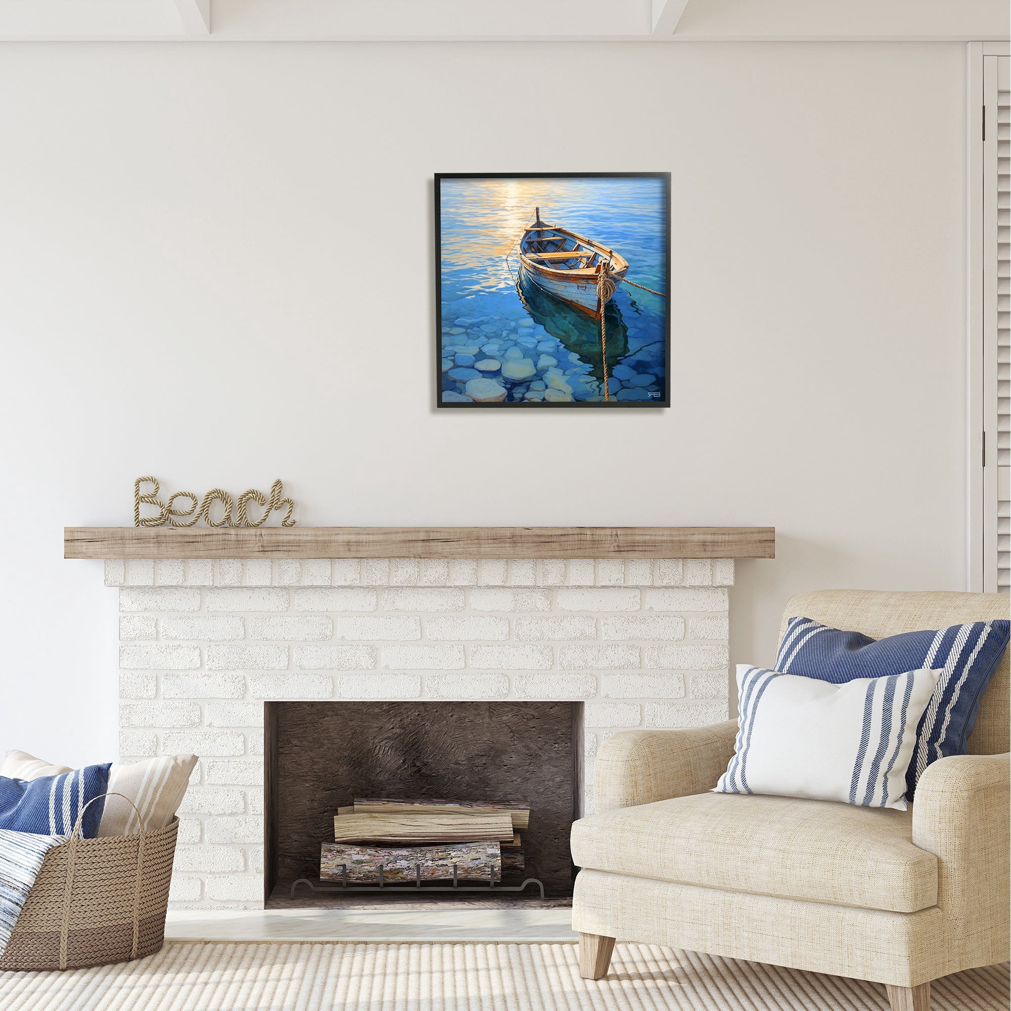 Stupell Industries Rowboat & Pebbled Shore Transportation Painting Black Framed Art Print Wall Art, 24 x 24