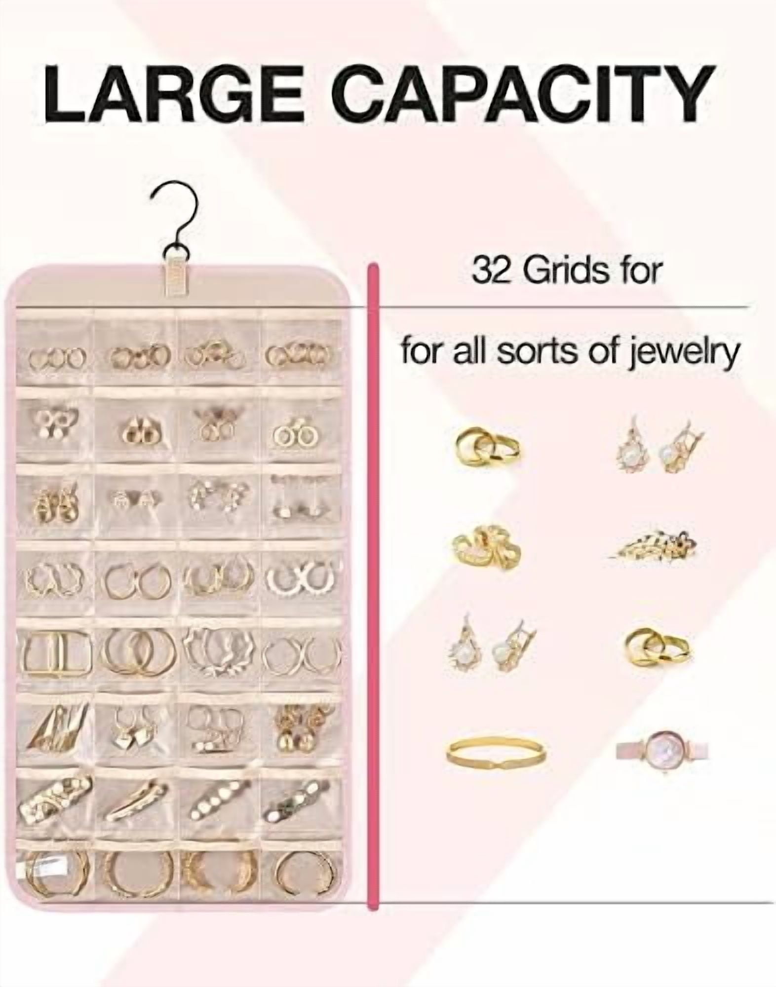 Hanging Jewelry Organizer Storage Roll with Hanger Metal Hooks Double-Sided Jewelry Holder for Earrings, Necklaces, Rings on Closet, Wall, Door, 1 piece, Medium, Pink