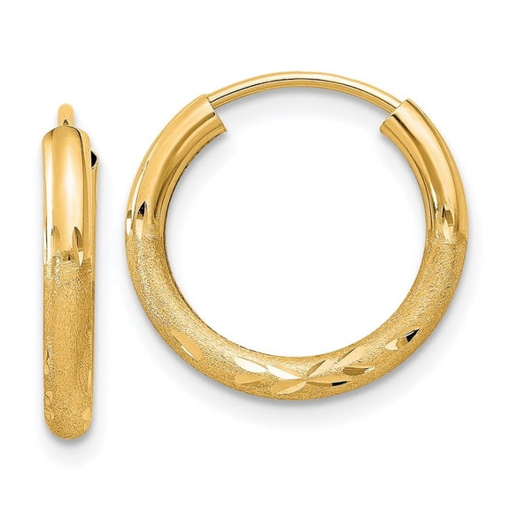 14k Yellow Gold Polished Hollow tube 2mm Satin Sparkle Cut Endless Hoop Earrings Measures 15x15mm Wide 2mm Thick - Hoop