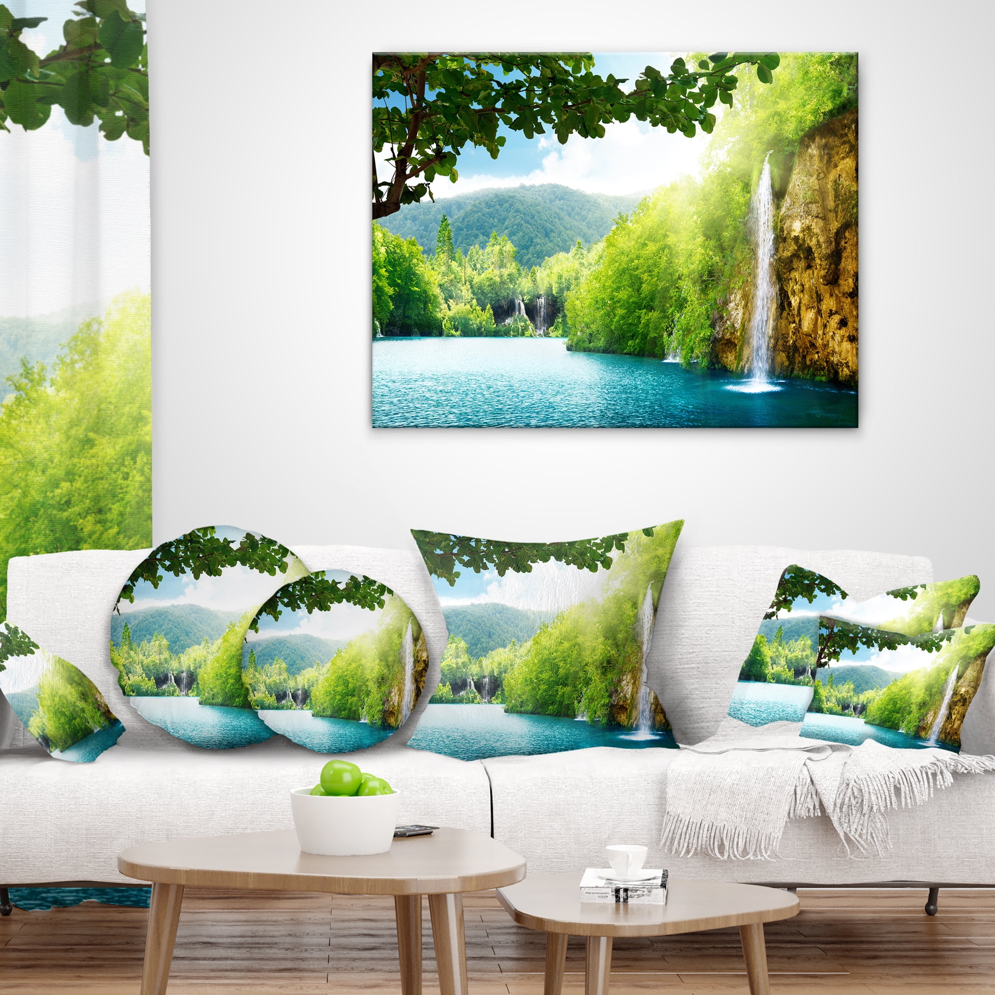 Designart Waterfall in Deep Forest - Landscape Photography Throw Pillow - 16x16