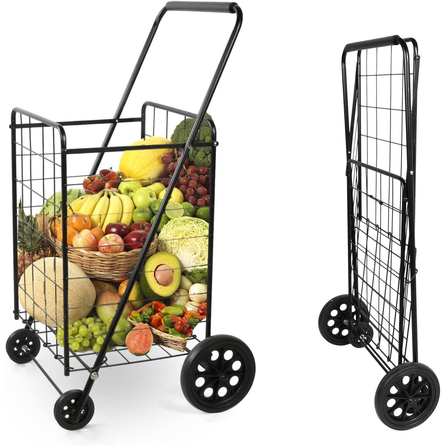 Mainstays Deluxe Rolling Shopping Cart - Black Metal - Walmart.com