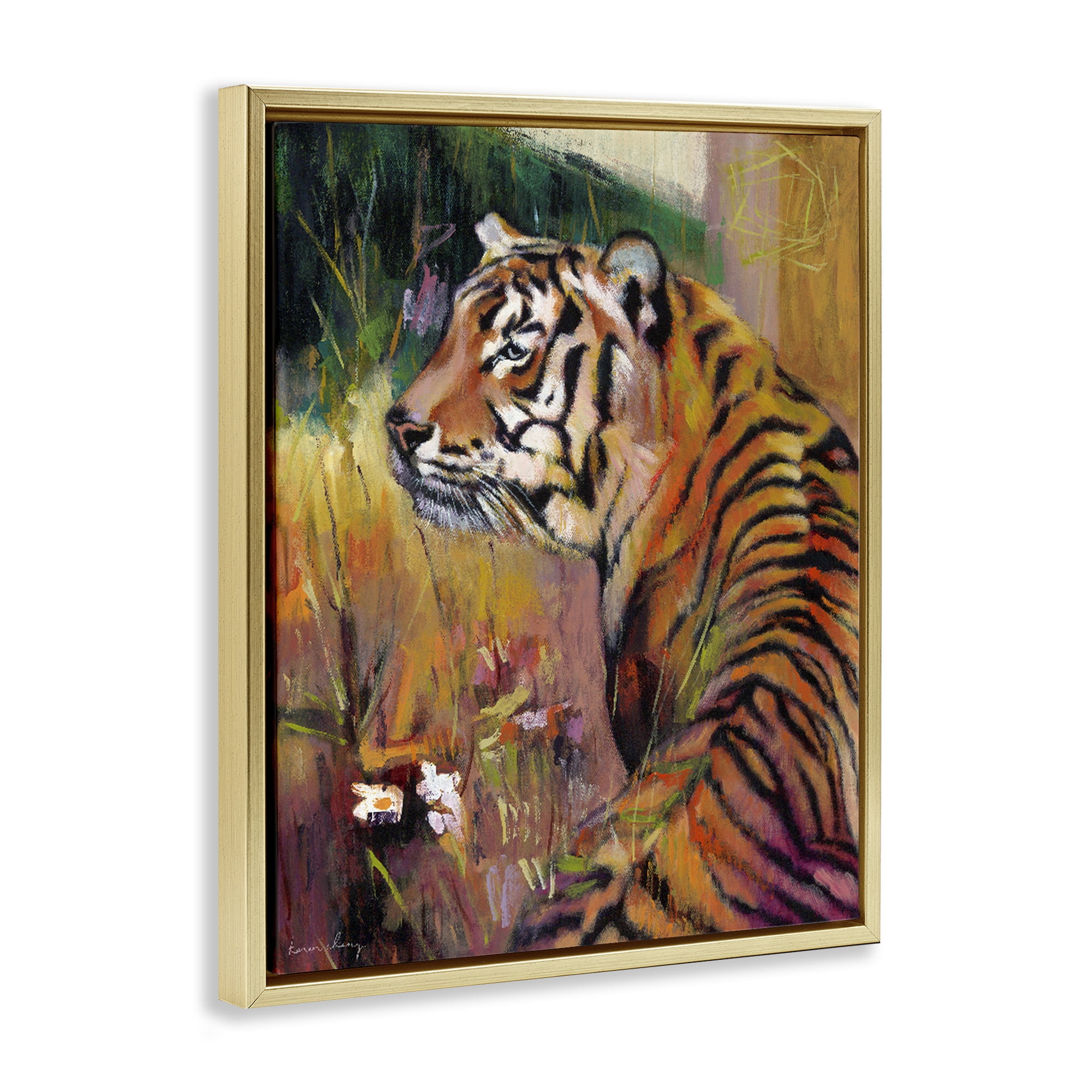 Stupell Industries Patience Tiger in Wait Gold Framed Floater Canvas Wall Art, design by Karen Chang