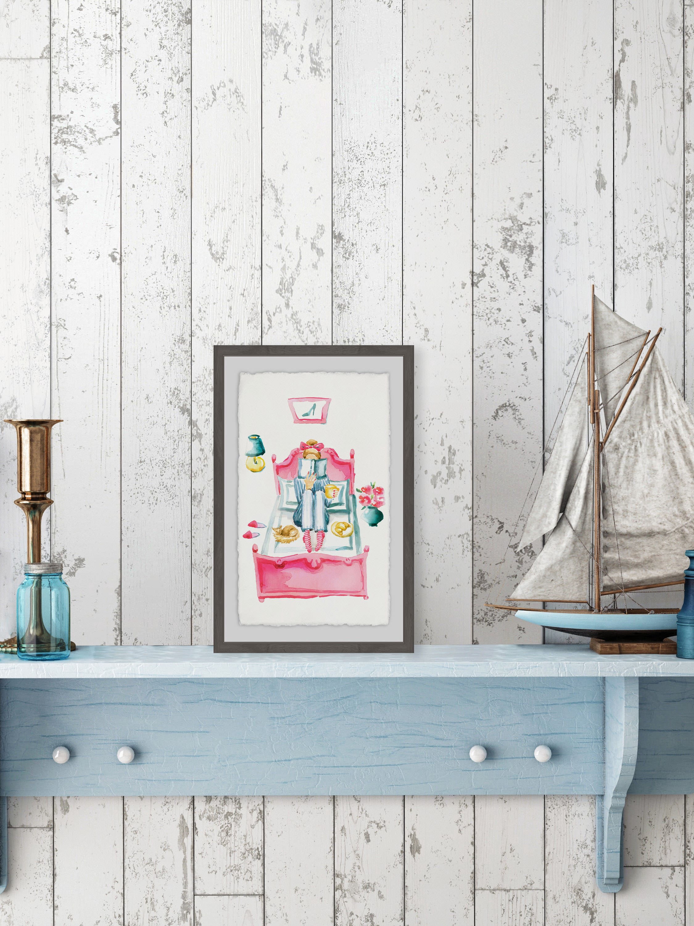 Pink Bed Reading Framed Painting Print