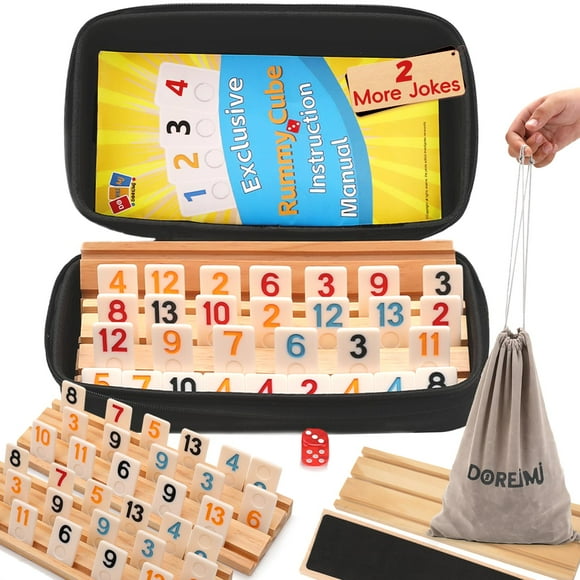 Doreimi Upgraded Rummy Cube Game Set 6 Plays with 6 Wooden Racks & 162 Rummy Tiles | Portable Travel Case & Drawstring Bag & Beginner-Friendly Instruction | Family Board