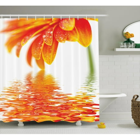 75 In Long Shower Curtain Flower Shower Curtain, Sun Flower Reflection on the Water in a Rainy Day with Leaves in a Water River Photo, Fabric Bathroom Set with Hooks, 69W X 75L Inches Long, Orange, by Ambesonne ()
