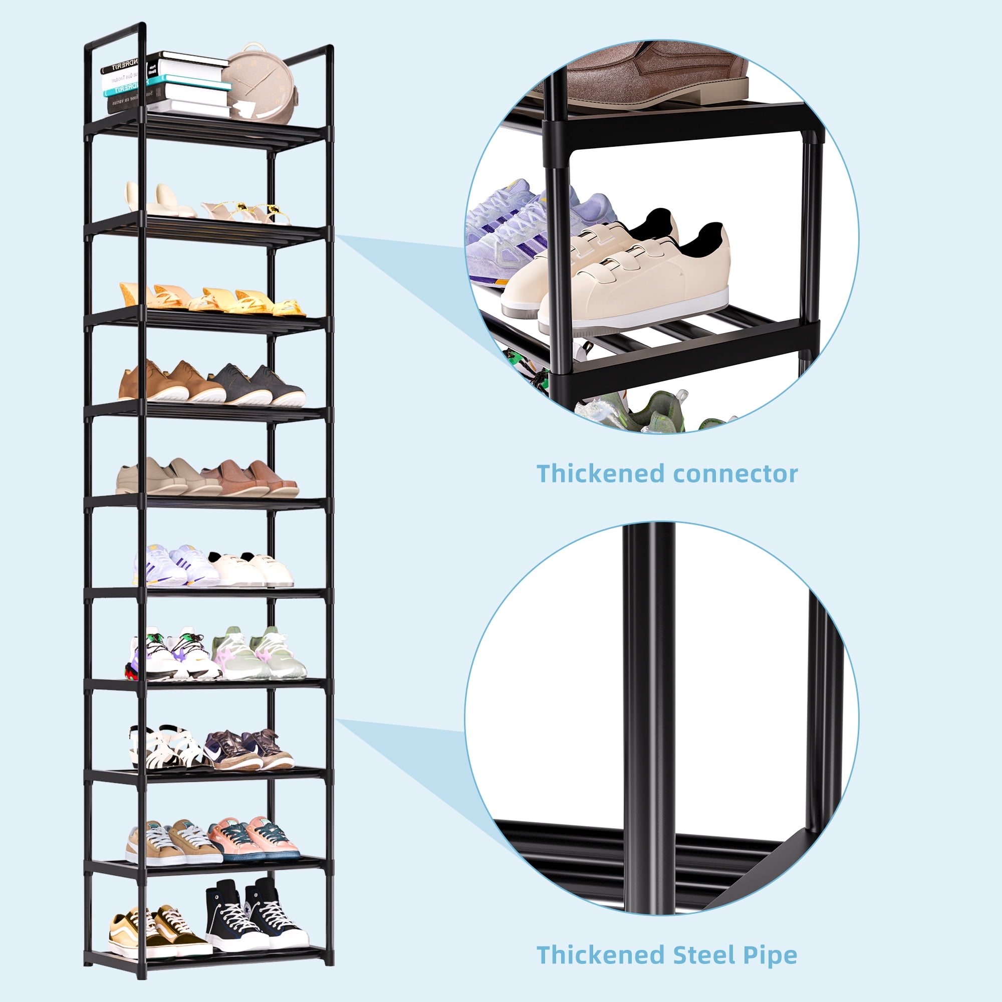 10 Tier Tall Shoe Rack, Sturdy Narrow Metal Shoe Rack Organizer for 20-25 Pairs, Save Space Shoe Racks for Closets, Bedroom, Garage, Bathroom, Large Capacity Shoe Shelf
