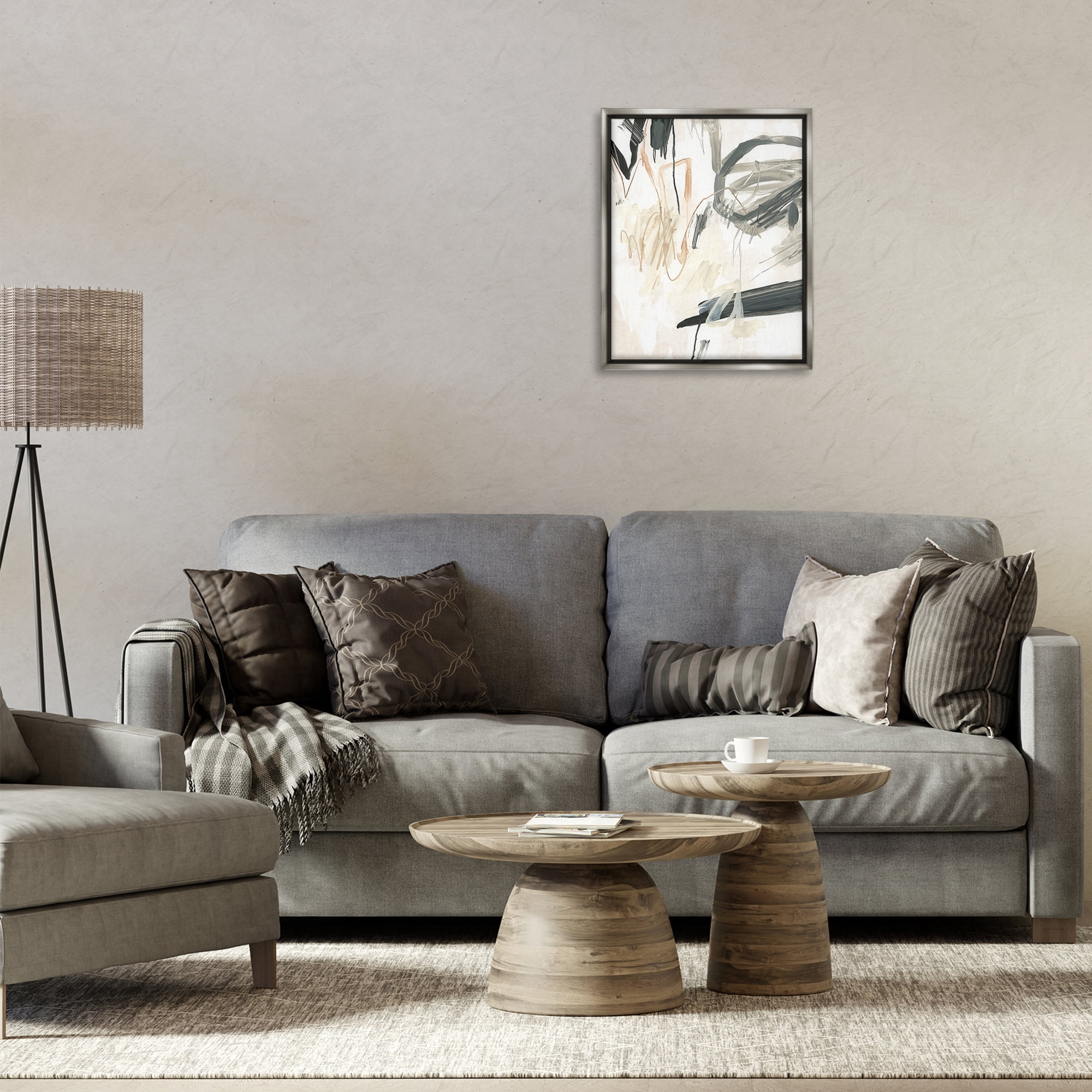 Stupell Industries Scribbled Abstract on Beige Abstract Painting Gray Floater Framed Canvas Art Print Wall Art, 17 x 21