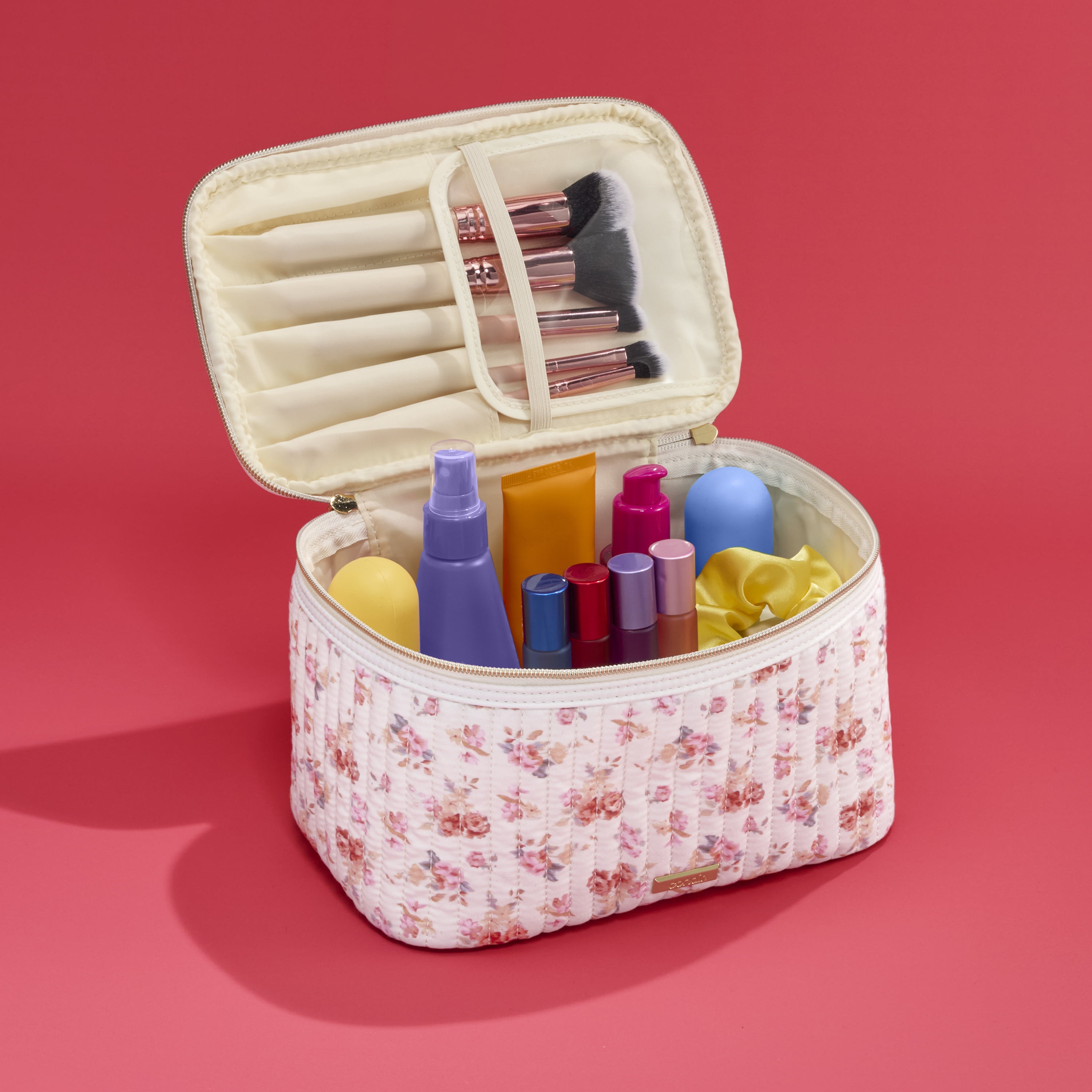 Conair Floral Quilted Train Case, Travel Makeup Bag with Interior Organization, 1 Count