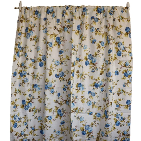 Cotton Curtain Floral Print 58 Inch Wide Vintage Floral Large Roses Blue on White