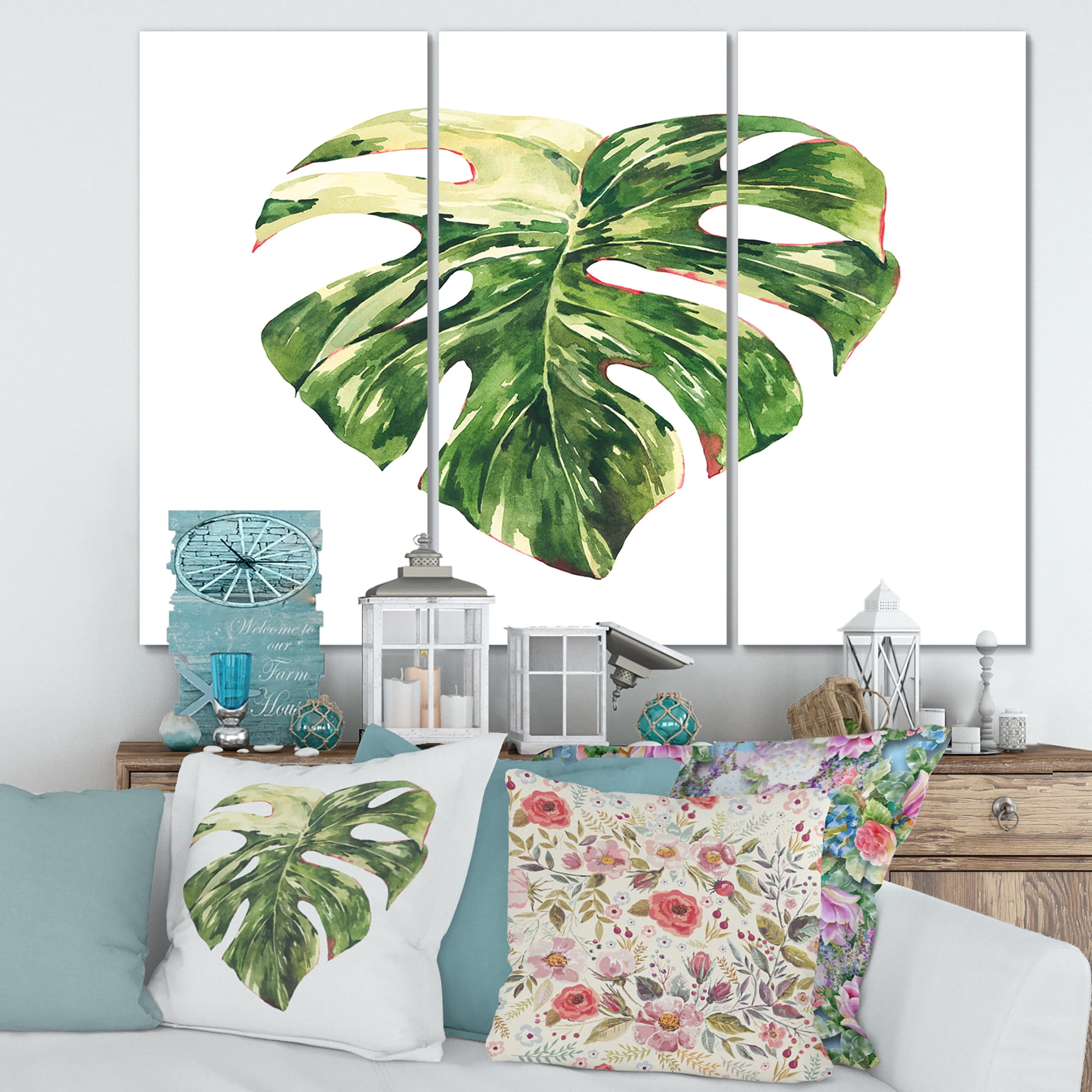 Tropical Green Leaves On White In Summer Times III 28 in x 36 in Painting Canvas Art Print, by Designart