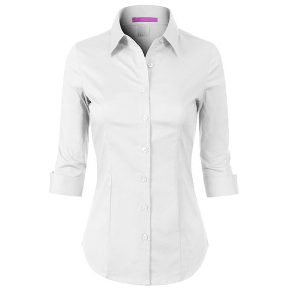 Made by Olivia Women's 3/4 Sleeve Stretchy Button Down Collar Office Formal Casual Blouse Shirts Top White 1XL
