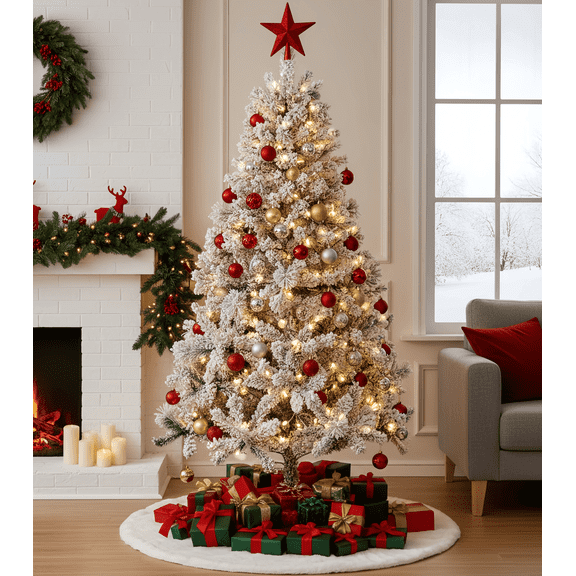 BSHAPPLUS® 7.5ft Pre-Lit Snow Flocked Christmas Trees,Pine Artificial Xmas Tree with 1500 Branch Tips,600 Color-changing Lights for Home, Office and Holiday Party Decor