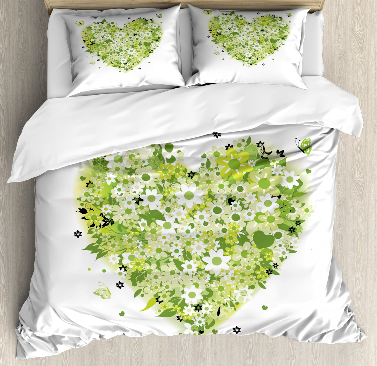 Green Flower Duvet Cover Set Floral Heart Design Summer Elements