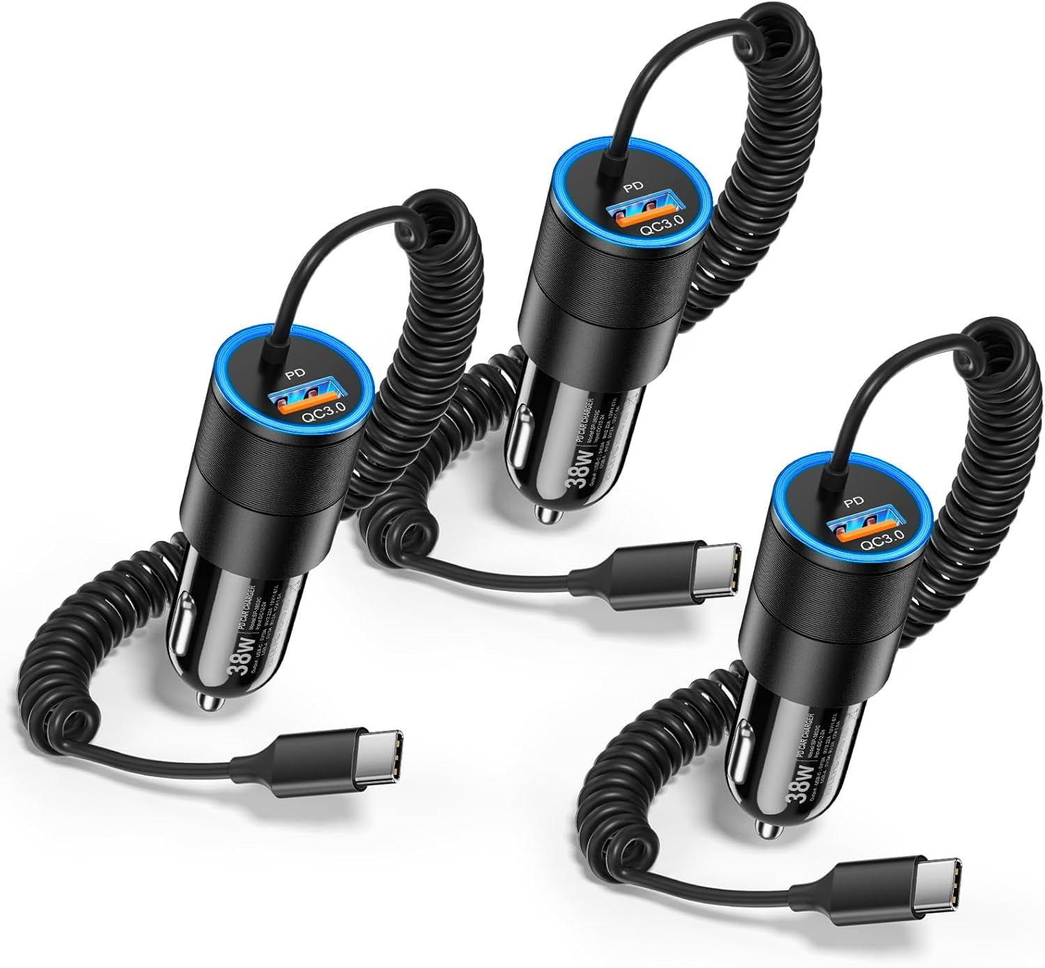 MHAWBL-3-Pack USB C Car Charger,38W Fast Charging Car Phone Charger+3.5FT Type C Coiled Cable,PD&QC 3.0 Car Charger Adapter Compatible with iPhone 16/15 Plus/Pro/Max,Galaxy S24 S23 Ultra,iPad,LG