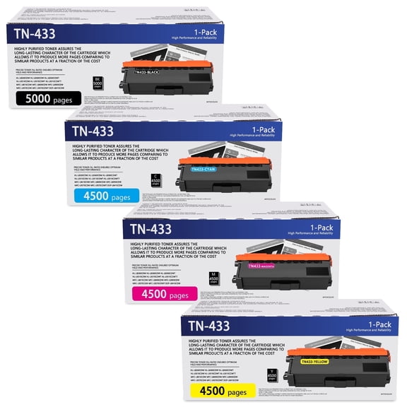 TN433 Black/Cyan/Magenta/Yellow Toner Cartridge 4 Pack Compatible for Brother HL-L8260CDW HL-L8360CDW MFC-L8610CDW MFC-L8690CDW Printer.