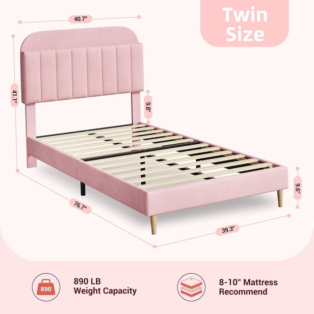Rosa tamaño individual marco de cama con almacenamiento cabecero, velvet forrado platform para para niños - de madera slats, easy to assemble