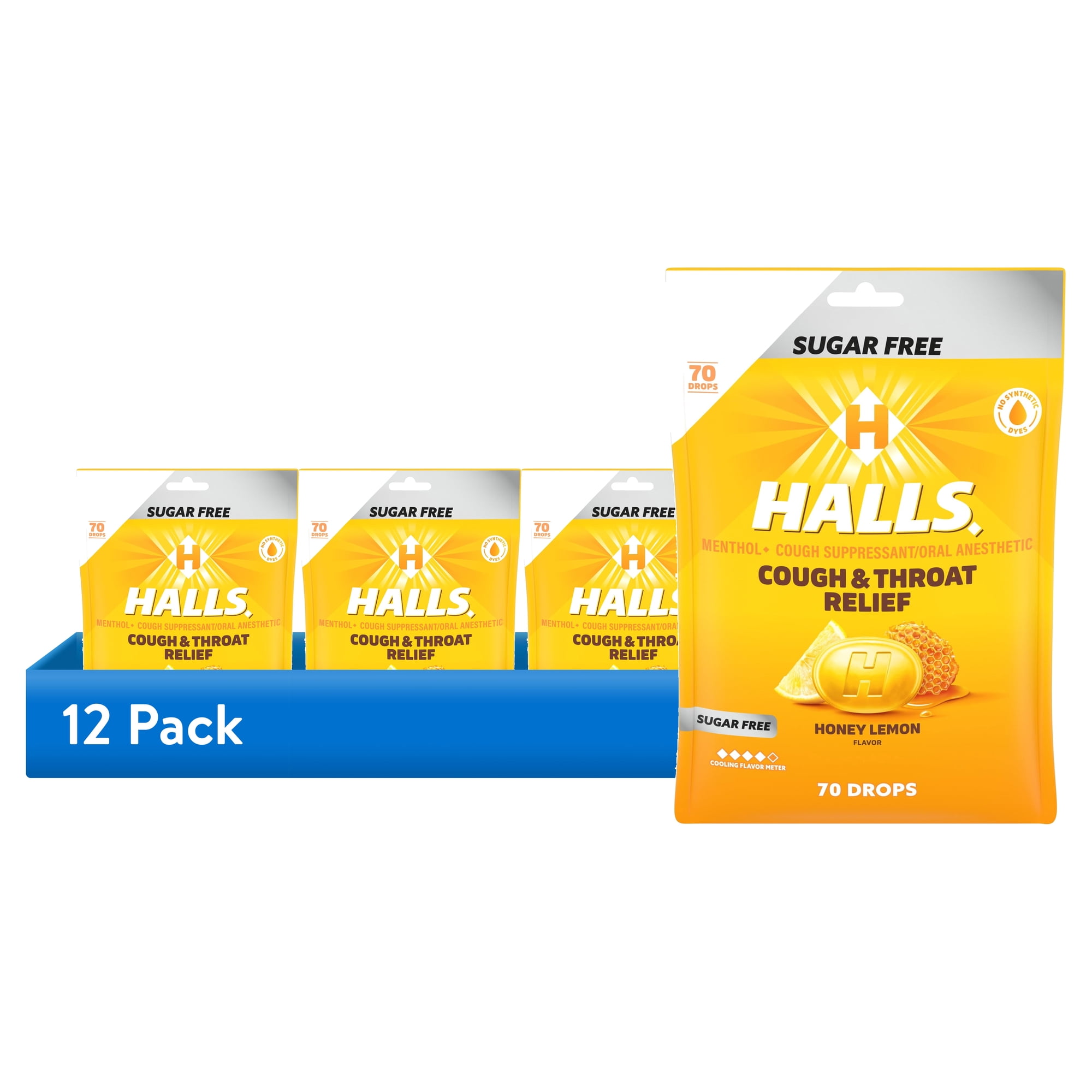 (12 pack) HALLS Cough and Throat Relief Honey Lemon Sugar Free Cough Drops, Value Pack, 70 Drops