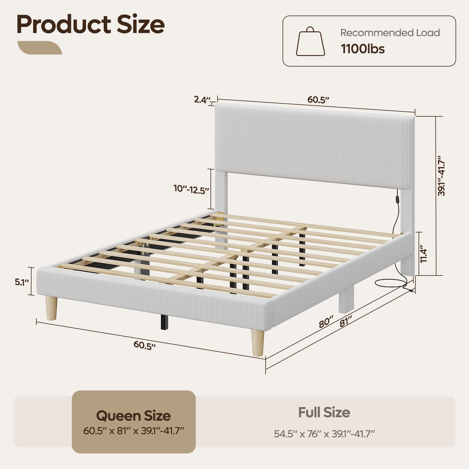 Bestier Corduroy Upholstered Queen Bed Frame with Adjustable Headboard, Platform Bed Frame with LED Light, Solid Wood Slats, No Box Spring Needed, Gray