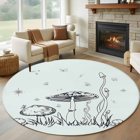 Mushroom Round Area Rug 5 FT Non Slip Bedroom Rugs Black Lines Botanical Butterfly Spring Floral Washable Soft Circular Carpet Non-Shedding Floor Mat for Kitchen Dining Room Foyer Balcony Dorm