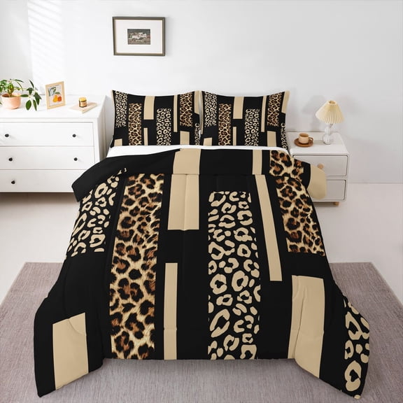 Erosebridal Abstract Cheetah Print Full Size Comforter Sets, Kids Boys Girls Women Bedding Sets, Black Reverisble, 3pcs