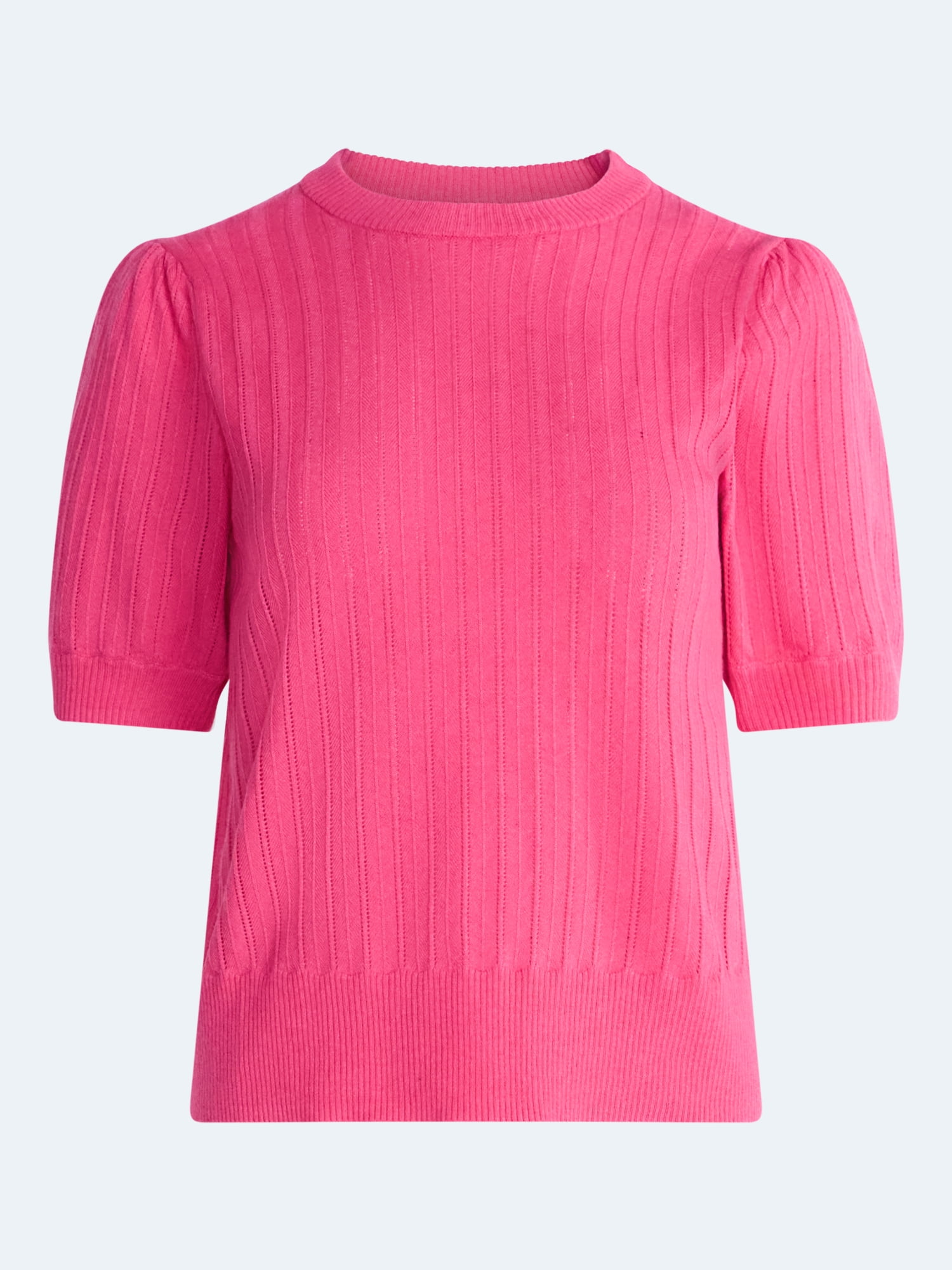 Free Assembly Women’s and Women's Plus Pointelle Sweater with Puff Sleeves, Sizes XS-4X
