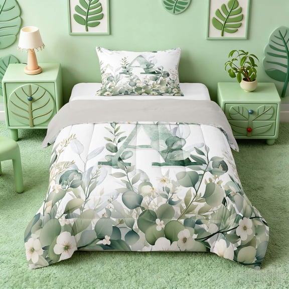 Manfei Watercolor Letter A Eucalyptus Flower Twin Comforter Sets for Kids Boys and Girls, Botanical Print Bedding Set, Gray Reversible 2 Pieces, 1 Comforter and 1 Pillowcase