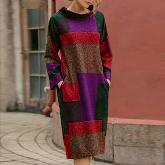 Zpanxa Fall and Winter Dresses for Women Women Fashion Retro Printed Loose Mid-length Long Sleeve Dress Crewneck Oversized Loose Long Pullover Sweater Dress