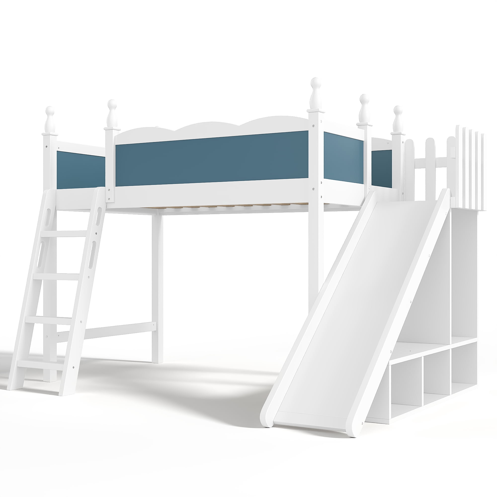 Leumius Twin Loft Bed Frame with Storage Shelves and Wardrobe, Solid Wood Loft Bed with Detachable Slide and Ladders for Kids Teens Adults Blue and White