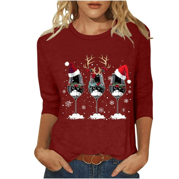 Ecqkame Christmas Shirts For Women Plus Size Funny Snowflake 3/4 Sleeve Tops Fashion Cute Crewneck Holiday Christmas Tree Shirt 04-Wine XXL