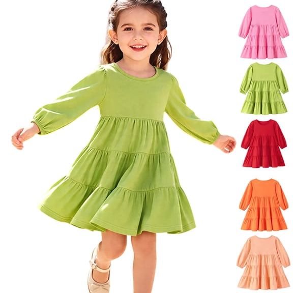 Dresses for Girls Cute Party Long Sleeve Tiered Ruffle Swing Girls Dress Casual A-Line Crew Neck Girls Fashion Fall Sundress Green