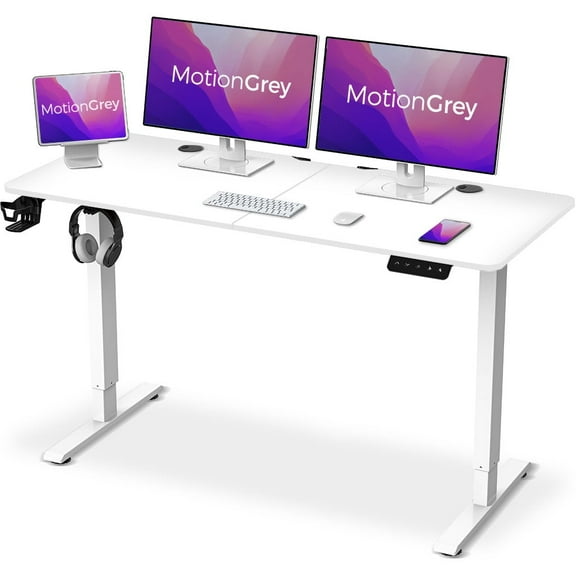 MotionGrey Standing Desk Height Adjustable Electric Motor Sit-to-Stand Desk Computer for Home and Office - White Frame (55x24 White Tabletop Included) 