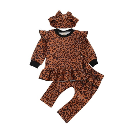 

Xiaoluokaixin Baby Girls Cotton Falbala Pullover Leopard Trousers + Bow Headband Outfits Sets