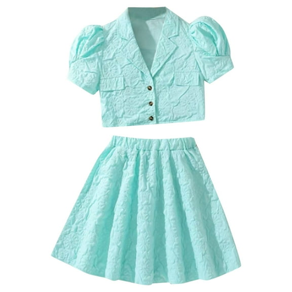 VONCOS Girls' 8 - 9 Years Big Size Fashion Classic Fit V Neck Short Sleeve Blazer and A - Line Skirt Two - piece Set,Green,Size 10T