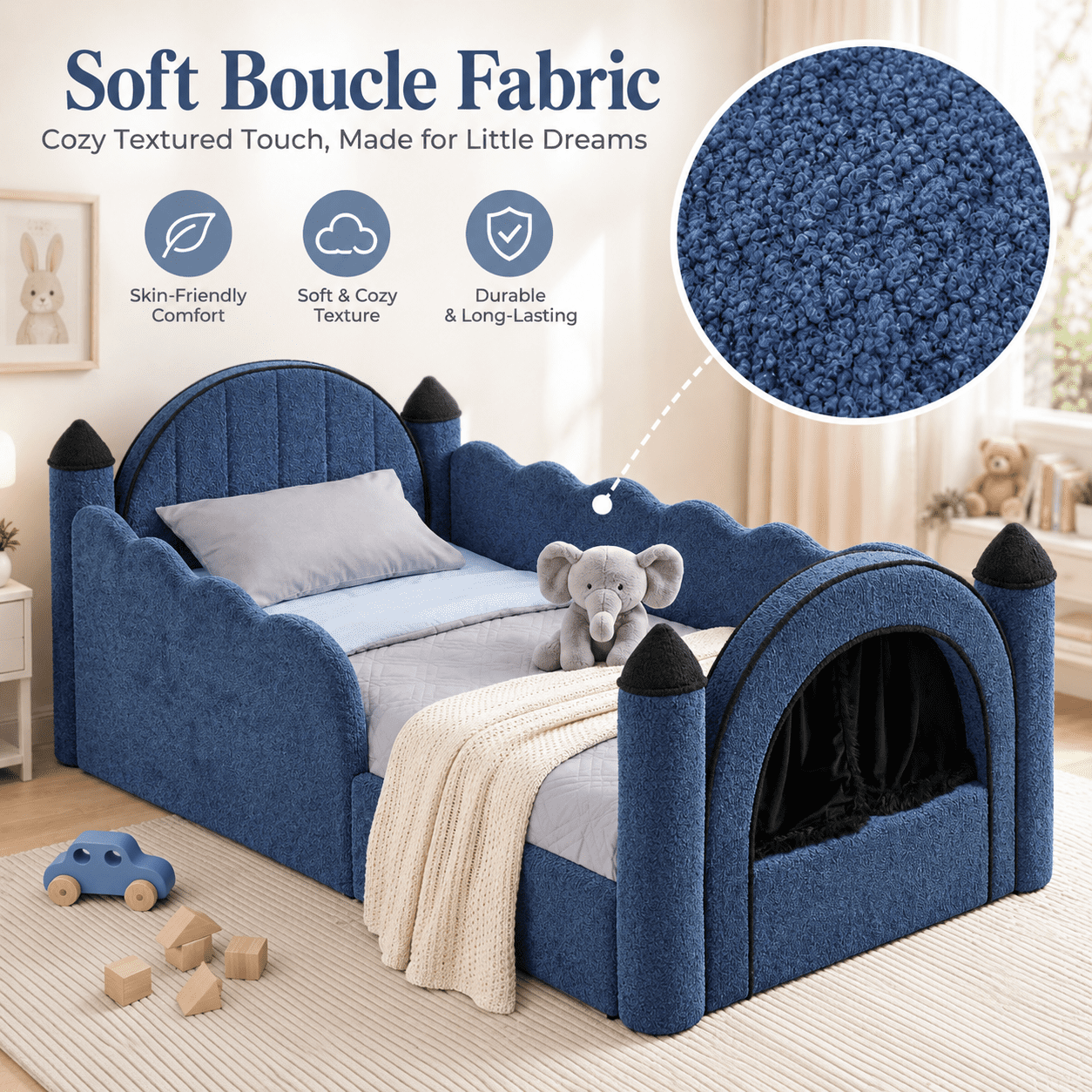 Wakefit Twin Size Castle Bed with Safety Guardrails & Curtain,Boucle Upholstered Kids Bed Solid Wood Frame,Cute Daybed for Bedroom,Navy Blue