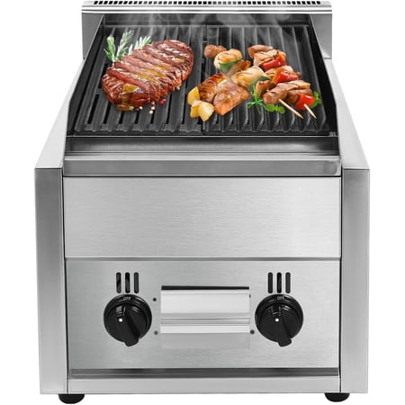 Commercial Radiant Broiler, 2 Burner Indoor Smokeless BBQ Grill Commercial Countertop Gas Charbroilers, LPG & Propane Gas Yakitori Grill Indoor Barbecue Griddle with Removable Grill Plate