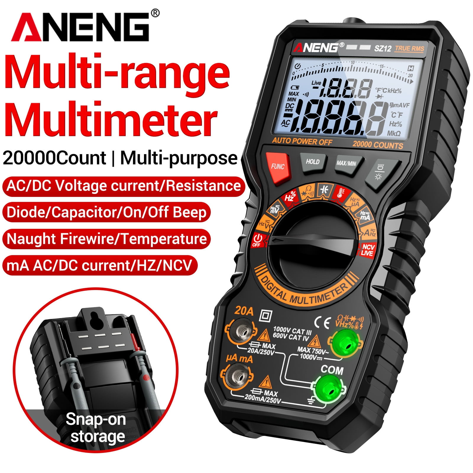 ANENG Digital Multimeter SZ12 True RMS 20000 Counts AC/DC Voltage Current NCV Detection Double Fuse Silicone Anti-Drop Case 1-Pack