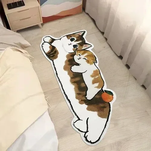 Cartoon Bedside Rug Cat Floor Mat Fluffy Cat Mats Irregular Carpet for Living Room Shaggy Area Rugs Thicken Doormat Cute Decor