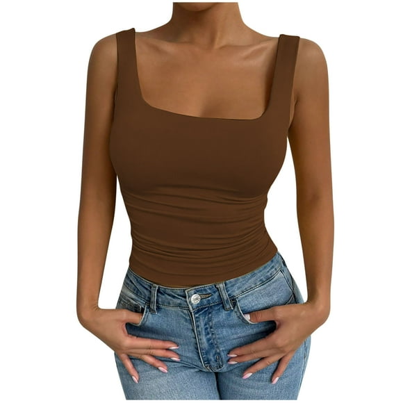 Timegard Going out Tops for Women Square Neck Slim Comfy Tank Tops Ruched Casual Sleeveless Crop Tops