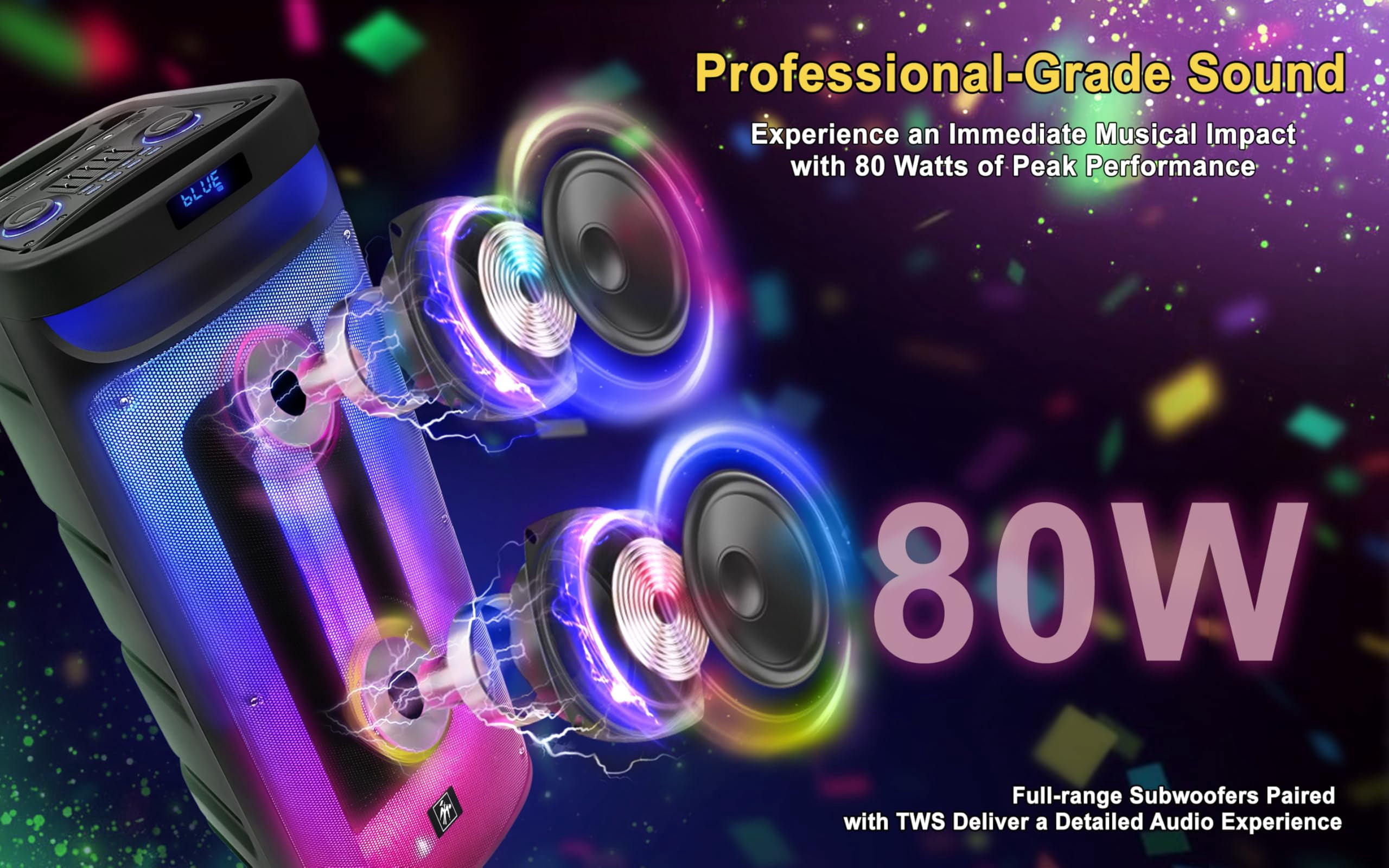 Fisher Portable Bluetooth Wireless Speaker System: Dual 10" Subwoofer 80W Peak Power Loud HD Deep Bass Sound|LED Lights|Rechargeable|Karaoke|Remote|TWS Pairing|USB Port|TF|AUX|FM Radio|2 MIC Input